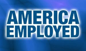Text says America Employed in bold, dark blue letters with a glowing white outline on a blue gradient background.