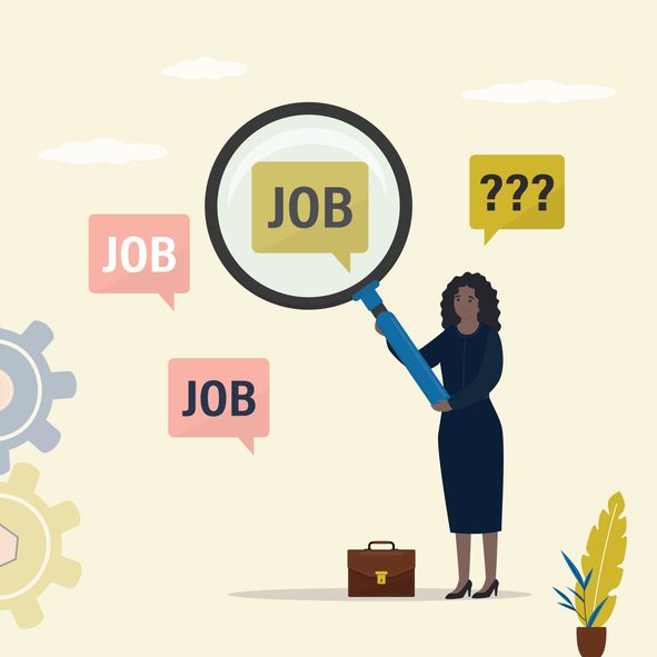 Illustration of a black woman using a magnifying glass to examine the word 'JOB' in a speech bubble, surrounded by other job-related icons and symbols.
