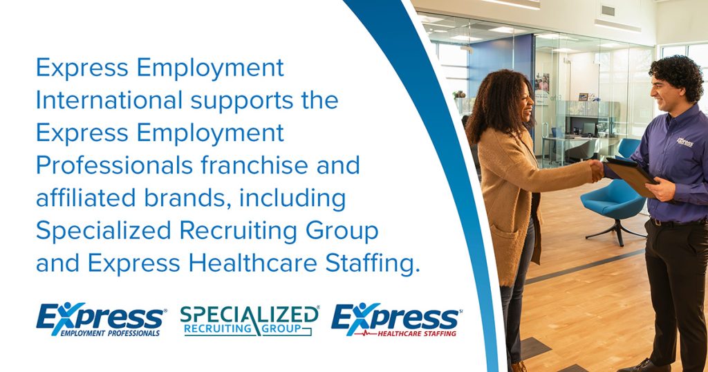 A promotional image featuring a professional meeting scene on one side and information about Express Employment International on the other, with exposed brick walls and natural lighting in the background. Text Presented in the Image says Express Employment International supports the Express Employment Professionals franchise and affiliated brands, including Specialized Recruiting Group and Express Healthcare Staffing. Logos Presented in the Image include Express Employment Professionals, Specialized Recruiting Group, and Express Healthcare Staffing