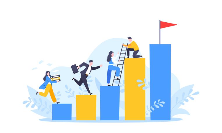 Illustration of people climbing blue and yellow bars, with a red flag on the tallest bar.