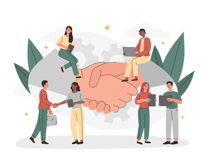 An illustration of people working together with a central handshake symbolizing partnership, surrounded by workers using digital devices.

