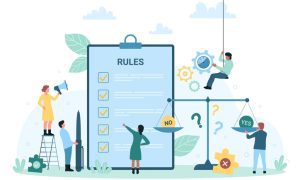 Illustration of a rules checklist with people, a balance scale, and decorative elements.