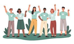 A diverse group of cartoon figures in teal shirts with white heart logos standing together in a friendly pose.