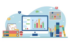 Illustration of a workspace with a computer displaying graphs, surrounded by office supplies like binders, books, and writing tools.