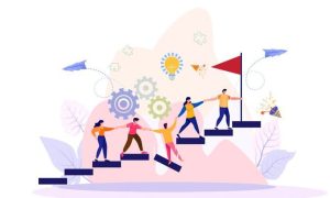 Illustration of five people climbing stairs together with gears, lightbulb, flag, and paper airplanes in the background, symbolizing teamwork and achievement.