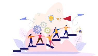 Illustration of five people climbing stairs together with gears, lightbulb, flag, and paper airplanes in the background, symbolizing teamwork and achievement.
