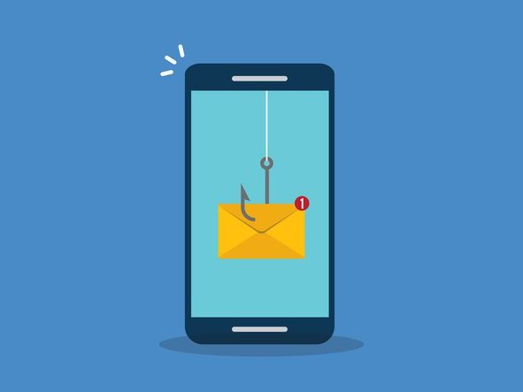 Illustration of a smartphone displaying a yellow envelope hooked by a fishing hook, symbolizing a phishing email scam, with a blue background and a notification badge on the envelope.