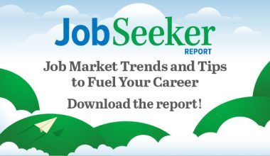 Illustration featuring green paper airplanes flying among white clouds against a blue sky. Text reads: “JobSeeker Report. Job Market Trends and Tips to Fuel Your Career. Download the report!