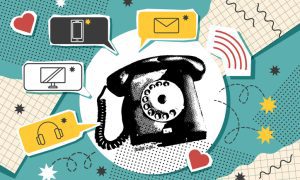 Illustration of a vintage rotary telephone surrounded by colorful speech bubbles containing icons for a smartphone, email envelope, computer monitor, headphones, and sound waves. The background features playful shapes, hearts, and textured patterns.
