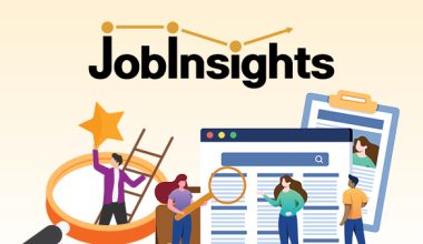 Illustration with the word “Job Insights” at the top, styled with a line graph and dots above the text. Below, illustrated people interact with job‑related icons, including a magnifying glass, a ladder with a star, a webpage with profiles, and a clipboard with documents.