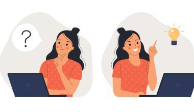 A digital illustration showing two scenes of a woman with long dark hair sitting at a laptop. In the first scene, she wears an orange patterned shirt and rests her chin on her hand with a question mark displayed beside her. In the second scene, she raises one finger as a lit lightbulb appears above her, suggesting an idea.