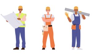 Illustration of five construction workers standing side by side, each wearing a hard hat and high‑visibility workwear; from left to right: a worker holding a shovel, a worker reviewing large blueprints, a worker with arms crossed and a tool belt, a worker carrying a metal beam on one shoulder, and a worker holding a clipboard.
