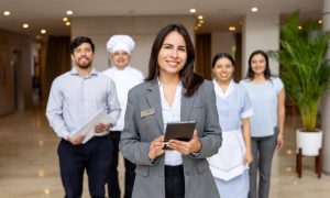 Photo of five hospitality staff standing in a hotel lobby; a person in a gray blazer with a name badge holds a tablet in the foreground, with colleagues behind wearing business attire, a chef’s uniform, and a housekeeping uniform. Large potted plant and softly lit interior in the background.