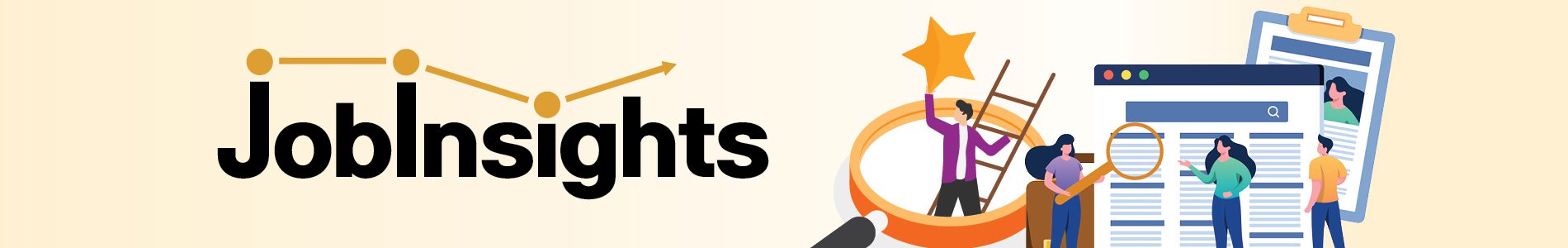 Illustration featuring the word “JobInsights” with a yellow data‑line graphic above it. To the right, illustrated characters of varied appearances stand near oversized job‑search elements, including a magnifying glass, a large résumé, and a clipboard. One character holds up a star inside a magnifying lens.